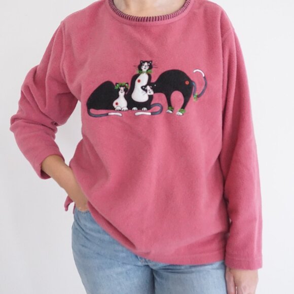 Vintage Jenny Buchanan Rosy Fleece Cat Embroidered Sweater Pink Grandmacore M - Picture 1 of 11
